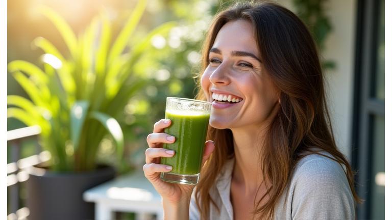 O femeie zâmbind, savurând un smoothie verde proaspăt pe o terasă însorită, simbolizând vitalitate și alegeri sănătoase.