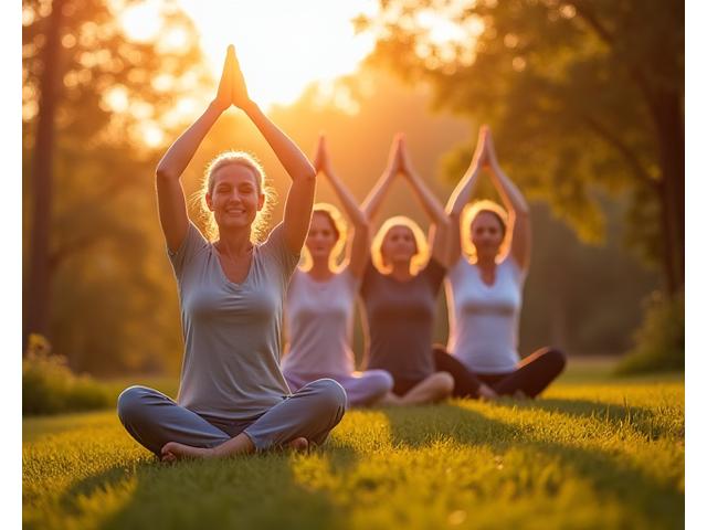 Seniori români (50+ ani) practicând yoga sau plimbându-se într-un parc, cu expresie calmă și sănătoasă